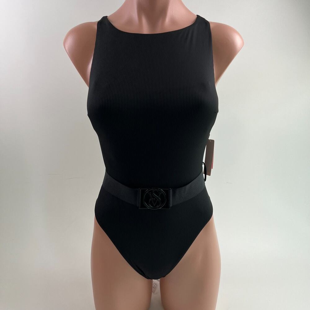 Victoria's Secret Swim One Piece Padded Ribbed Swimsuit w/ Belt Black Sz S NWT